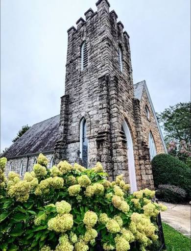 The stone tower of Grace Episcopal Church behind hydrangeas